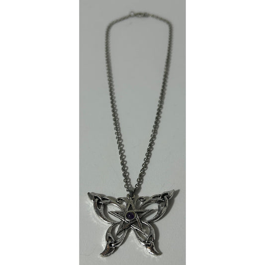 Silver Butterfly Pentacle Necklace with Purple Cabochon, 18"