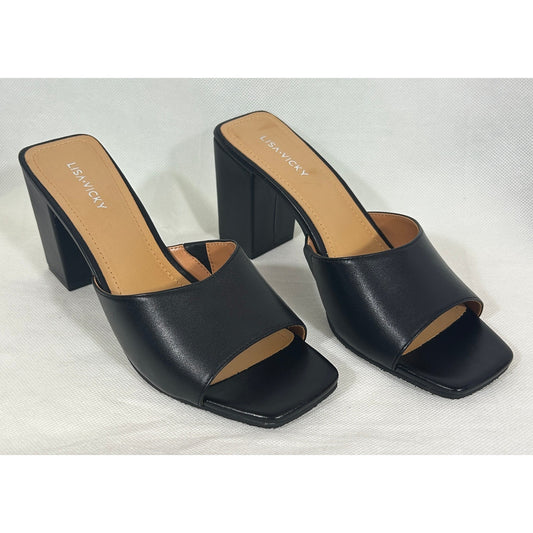 Lisa • Vicky Black Square‑Toe Slide Heels Size 9.5M – Chunky Block Heel