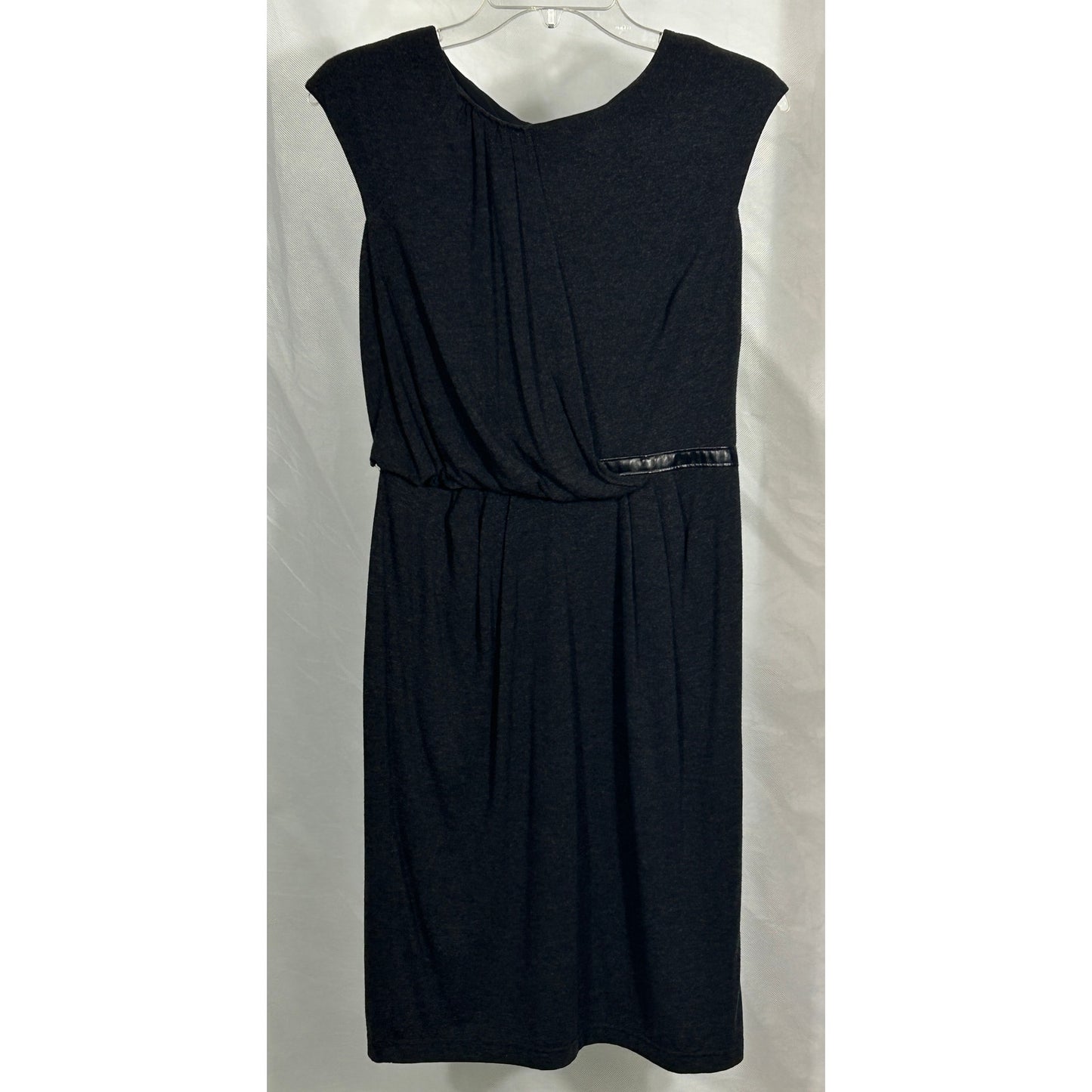 Adrianna Papell Black Draped Midi Dress Faux Leather Trim Size 6