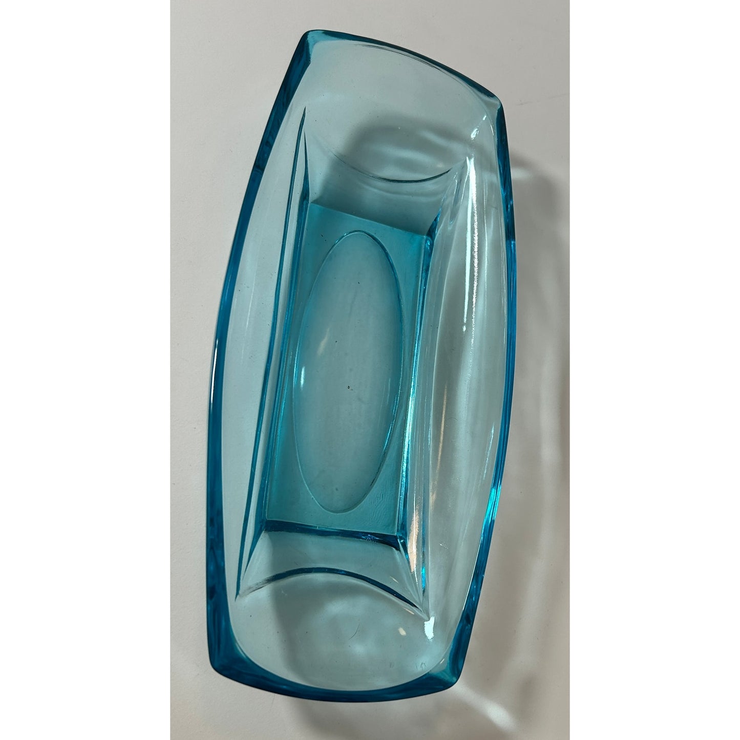Mid-Century Aqua Blue Glass Dish Tray – 9″ L x 4.5″ W Retro Mod Accent