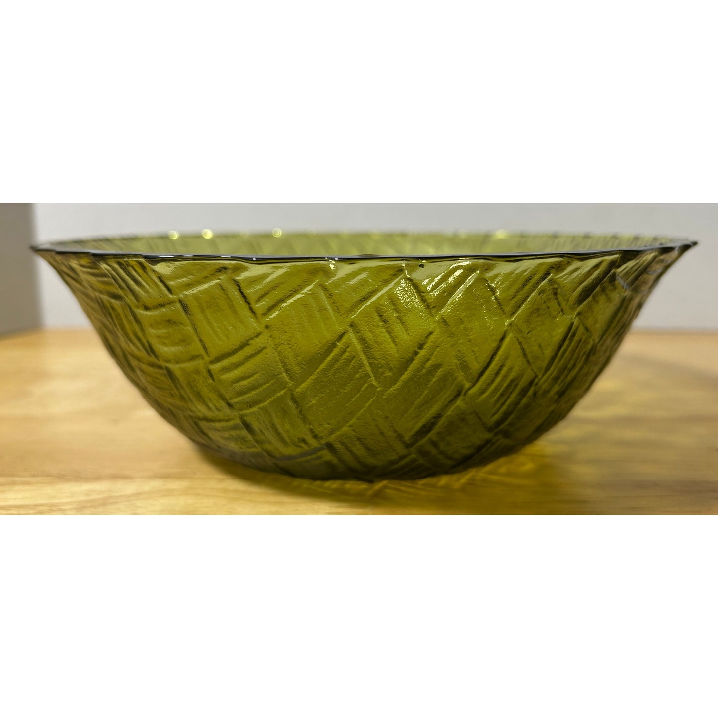 Vintage Green Glass Basketweave Textured Bowl, 9″ Diameter, 3″ Tall