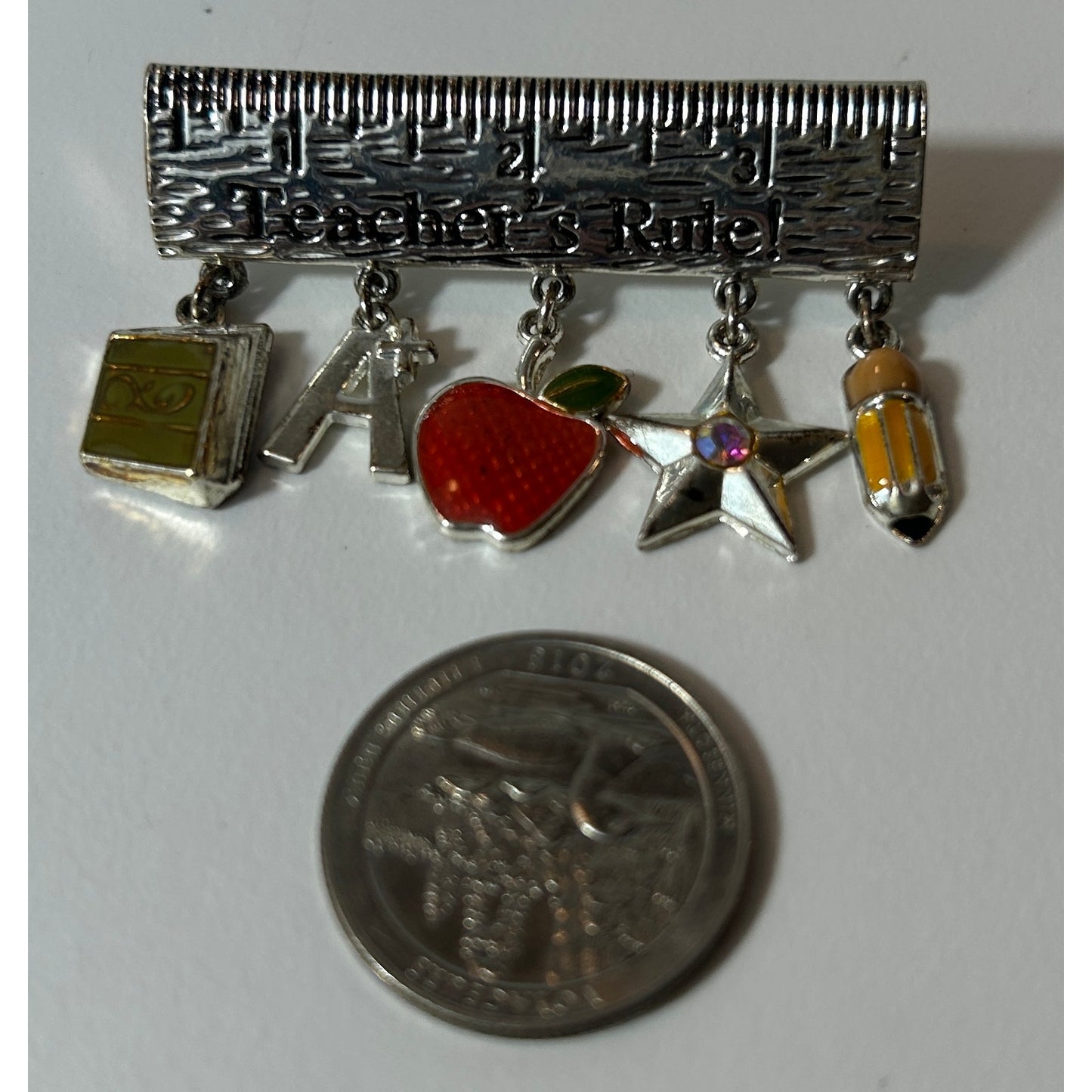 Vintage “Teachers Rule!” Ruler Brooch with Dangling School Charms – 2″ Wide