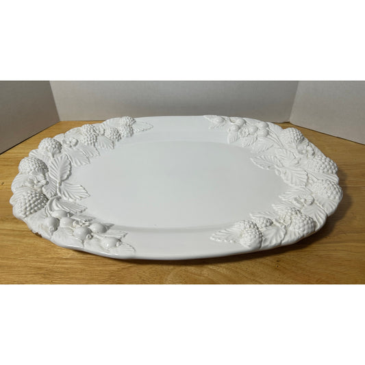 White Ceramic Embossed Fruit & Leaf Large Oval Platter 20" Italy