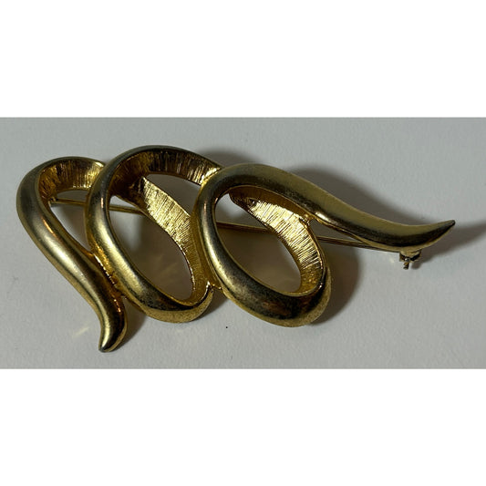 Vintage Modernist Gold Tone Swirl Brooch Pin Abstract Wave Design 3"