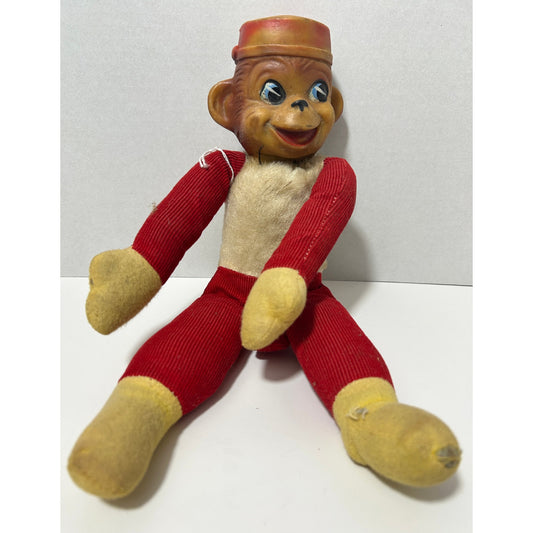 Vintage Red Corduroy Monkey Toy with Rubber Head – 13" Tall Circus Style Doll