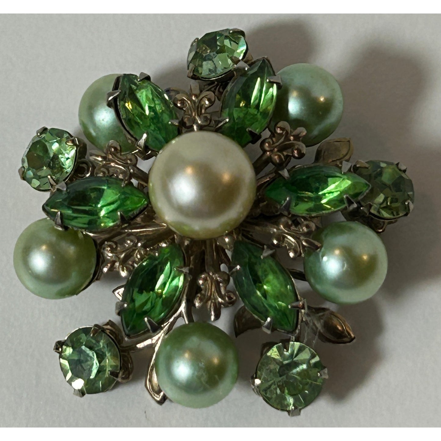 Vintage Green Rhinestone Faux Pearl Floral Brooch Pin 1.5"