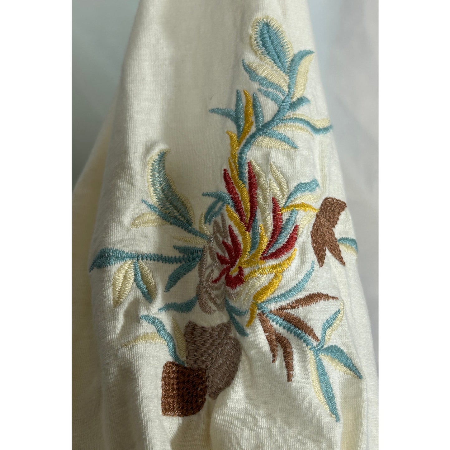 Solitaire Boho Embroidered Floral Blouse Cream Top Size S Peasant Style