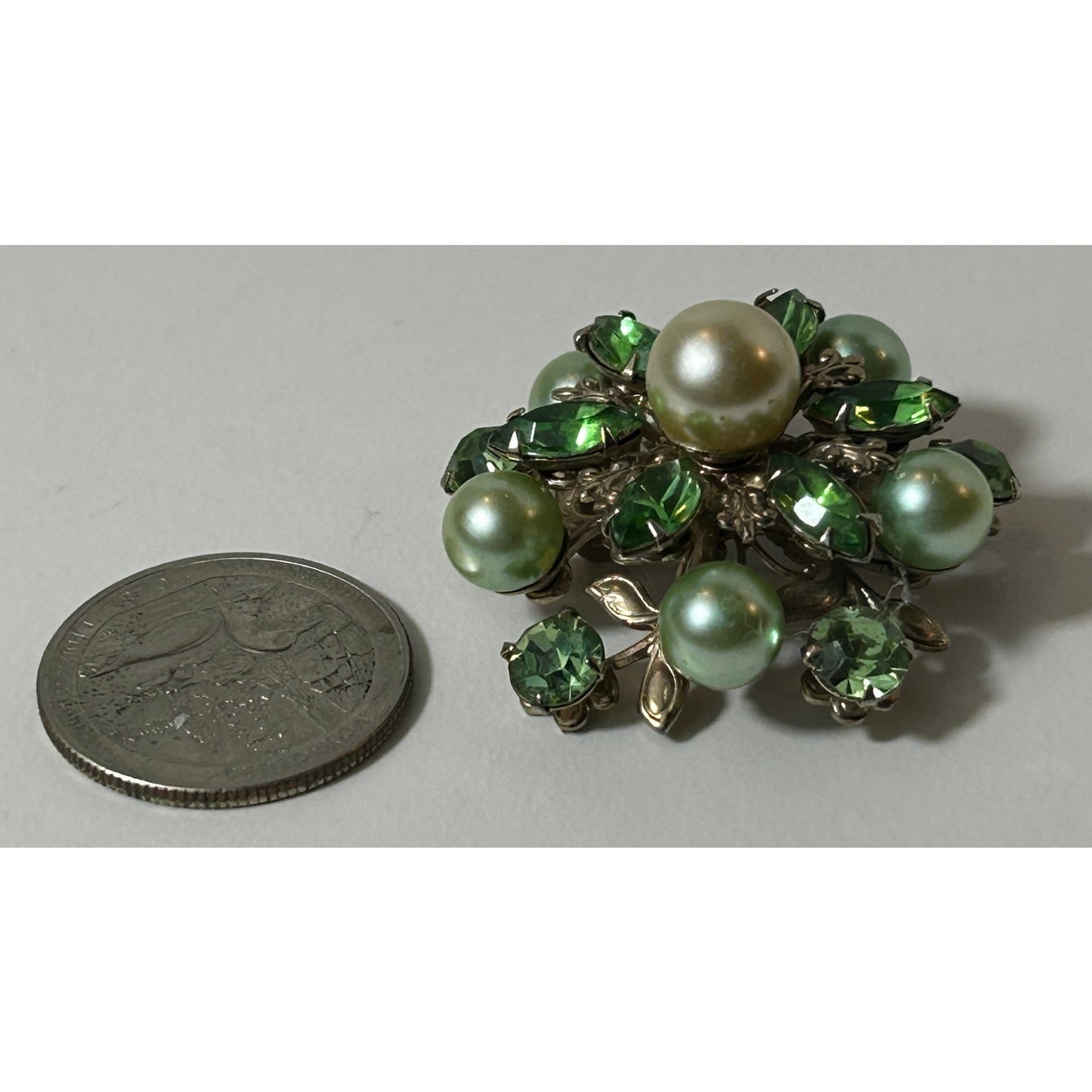 Vintage Green Rhinestone Faux Pearl Floral Brooch Pin 1.5"