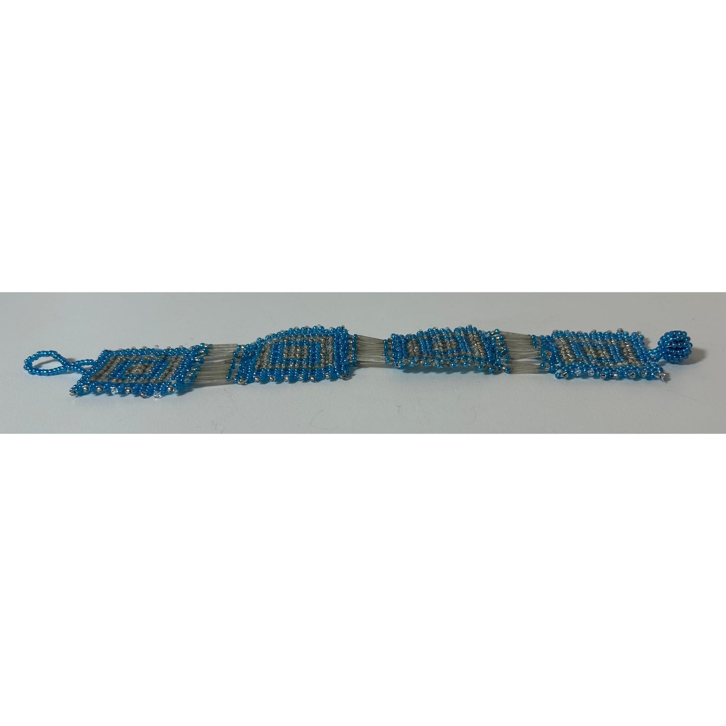 Handmade Blue Silver Seed Bead Woven Bracelet 8.25" Geometric Squares
