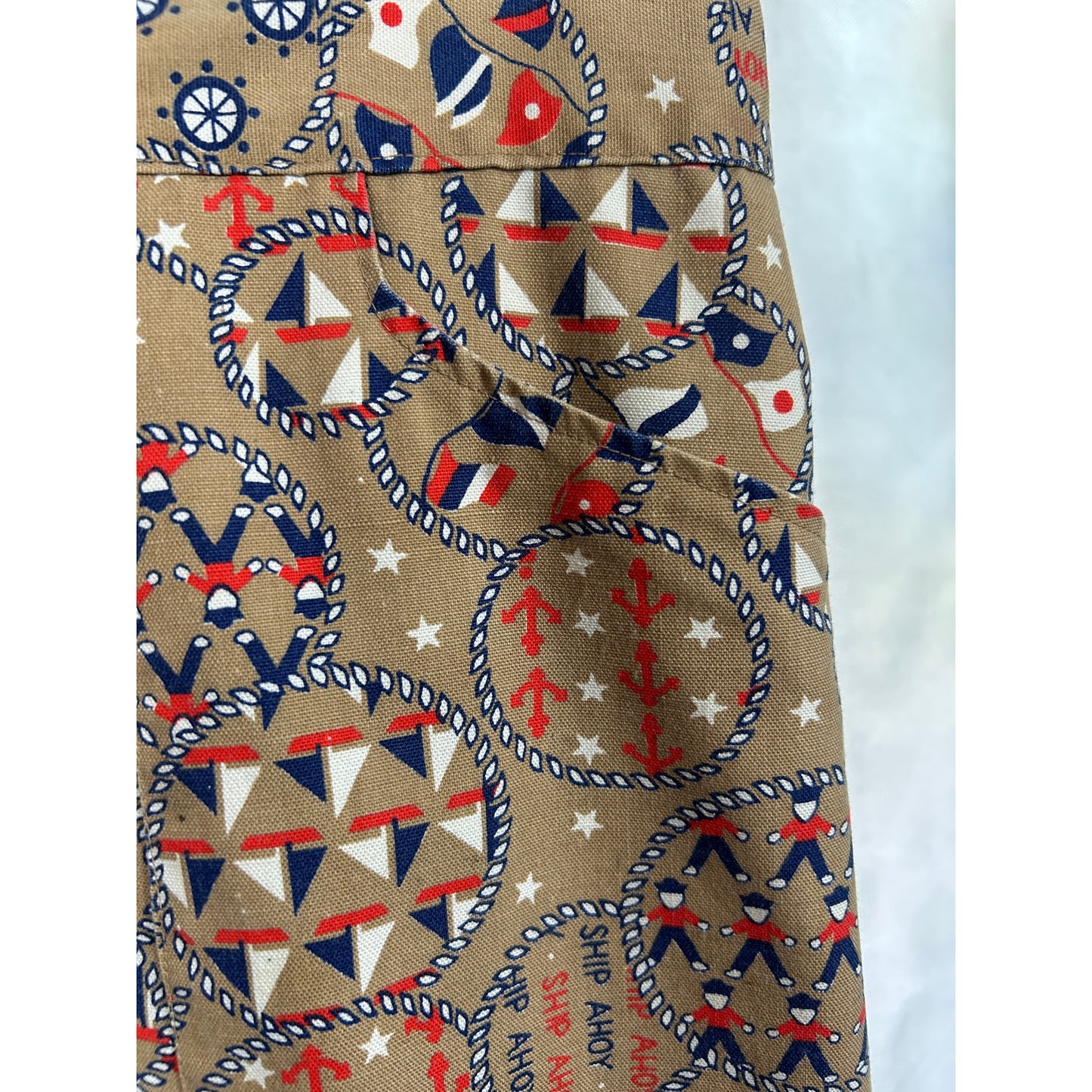 Vintage Nautical Print Wrap Skirt Tan Red White Blue | Size S | 27" Length