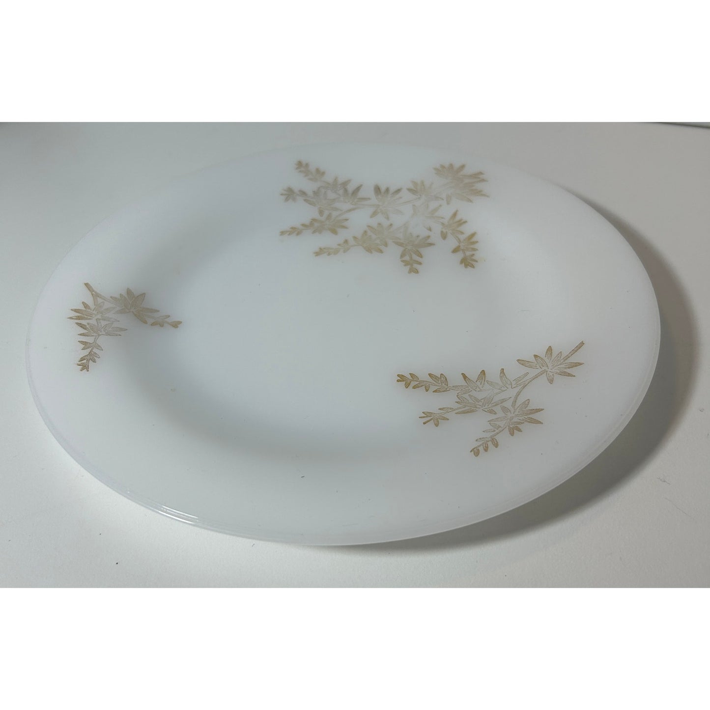 Vintage 9″ Federal Glass Milk Glass Plate with Gold Leaf Botanical Accent