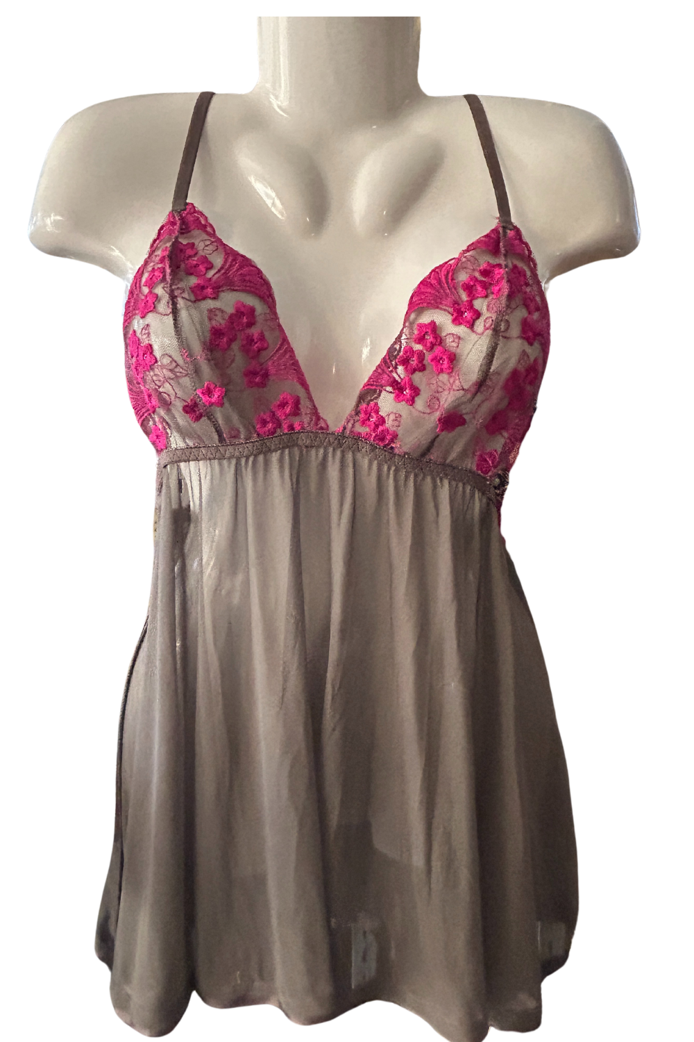 Romantic Sheer Babydoll Lingerie – Taupe & Hot Pink Floral Lace