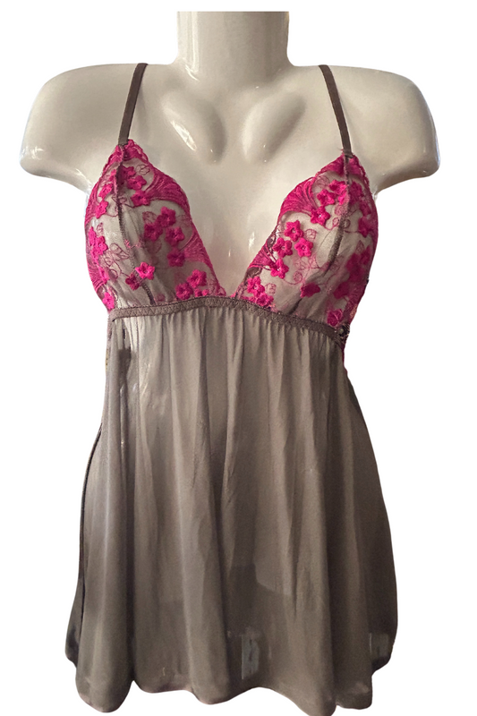 Romantic Sheer Babydoll Lingerie – Taupe & Hot Pink Floral Lace