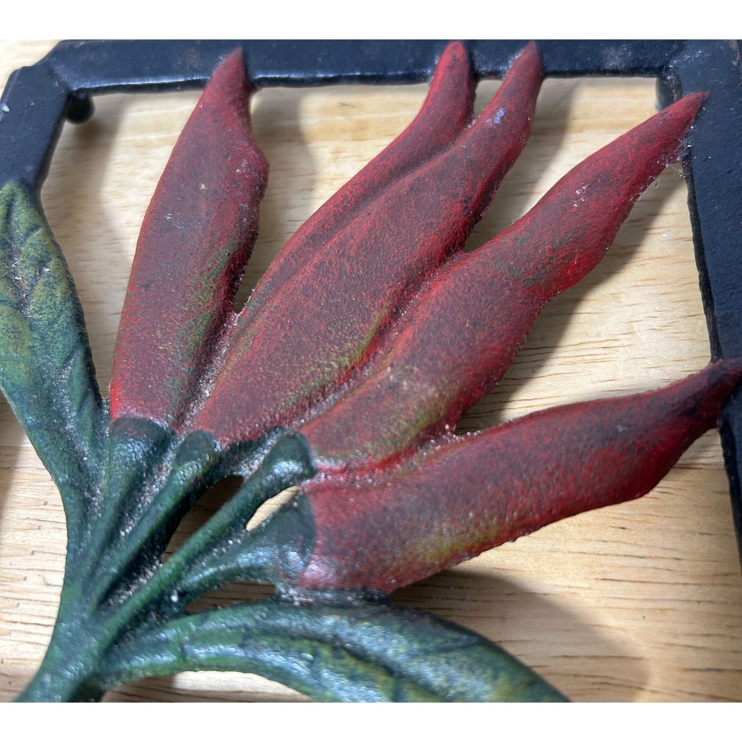 Vintage Cast Iron Chili Pepper Trivet – Red & Green Hand-Painted 5.75” Square