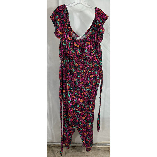 Ava & Viv 3X Black Multicolor Floral Ruffle Jumpsuit with Tie Waist