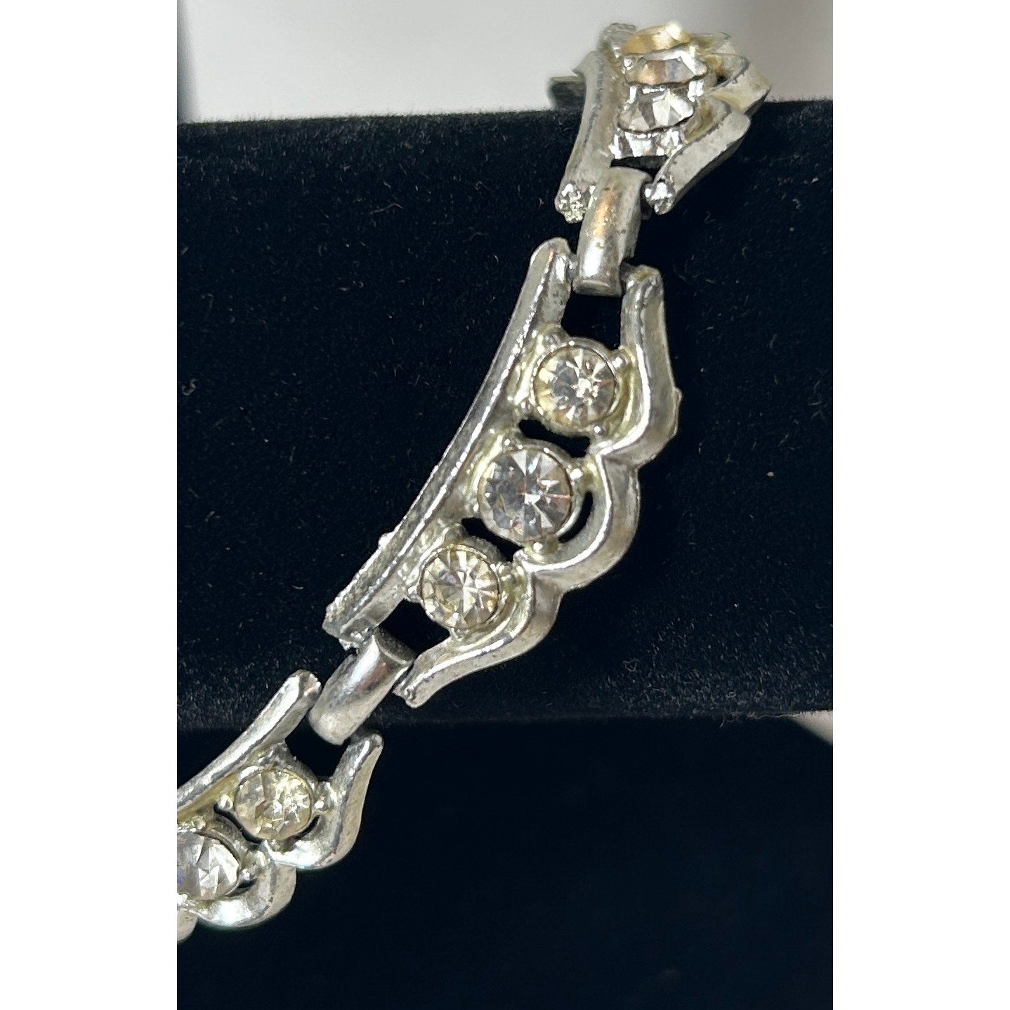 Vintage Silver Tone Rhinestone Choker Necklace 16" Linked Art Deco Style