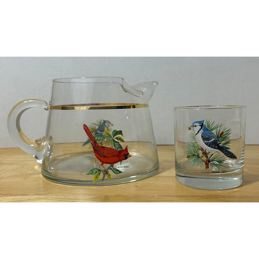West Virginia Glass Co Songbird Pitcher & Glass – Cardinal & Blue Jay