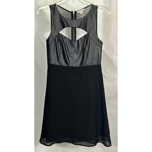 Timing Small Black Faux Leather Cutout Dress with Sheer Skirt and Back Zip