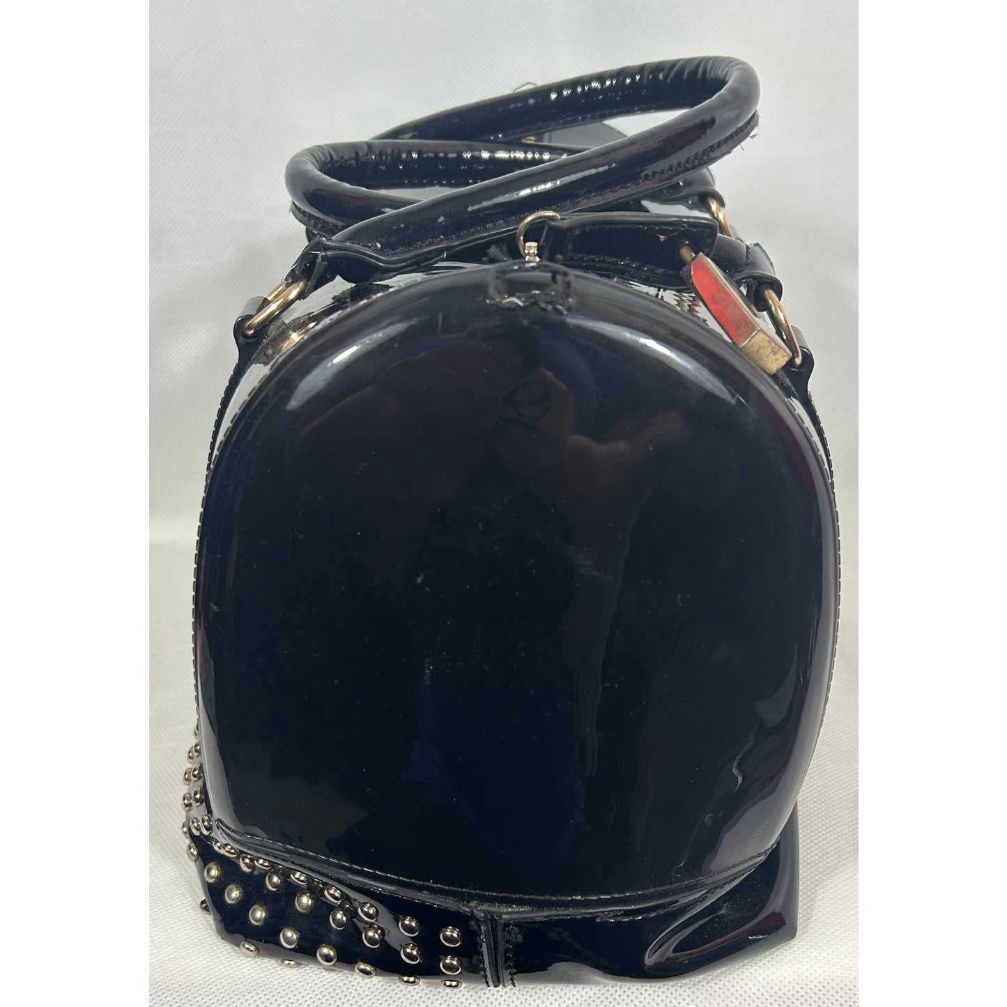 Black Patent Studded Barrel Satchel Bag with Top Handles 12″ x 9″