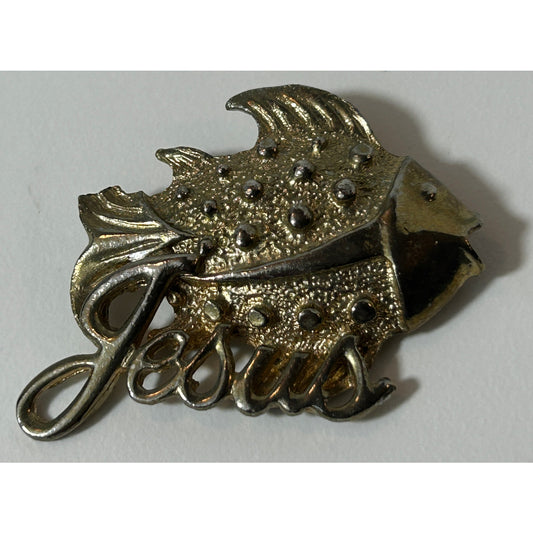Vintage Gold Tone Jesus Fish Brooch Pin 2.25″ x 1.5″ Christian Statement Jewelry