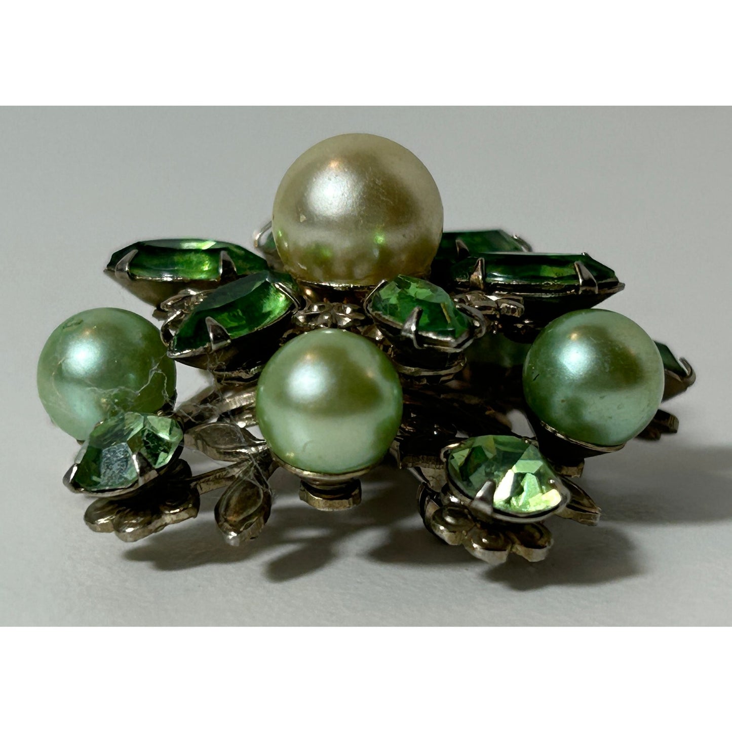 Vintage Green Rhinestone Faux Pearl Floral Brooch Pin 1.5"