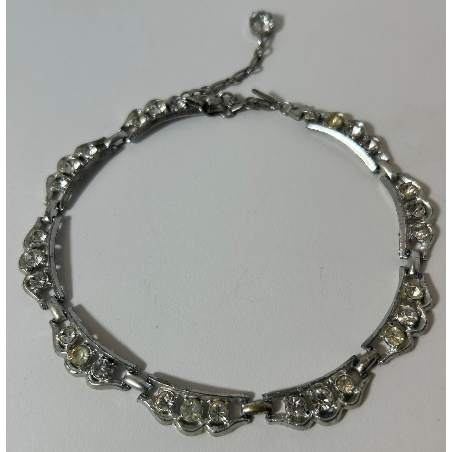 Vintage Silver Tone Rhinestone Choker Necklace 16" Linked Art Deco Style