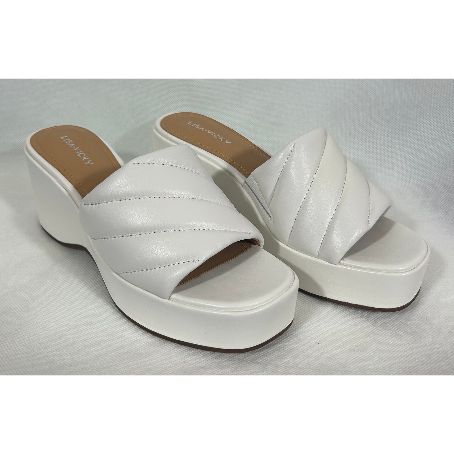 Lisa • Vicky White Platform Mules 9.5 M – Quilted Slide Heel; New in Box