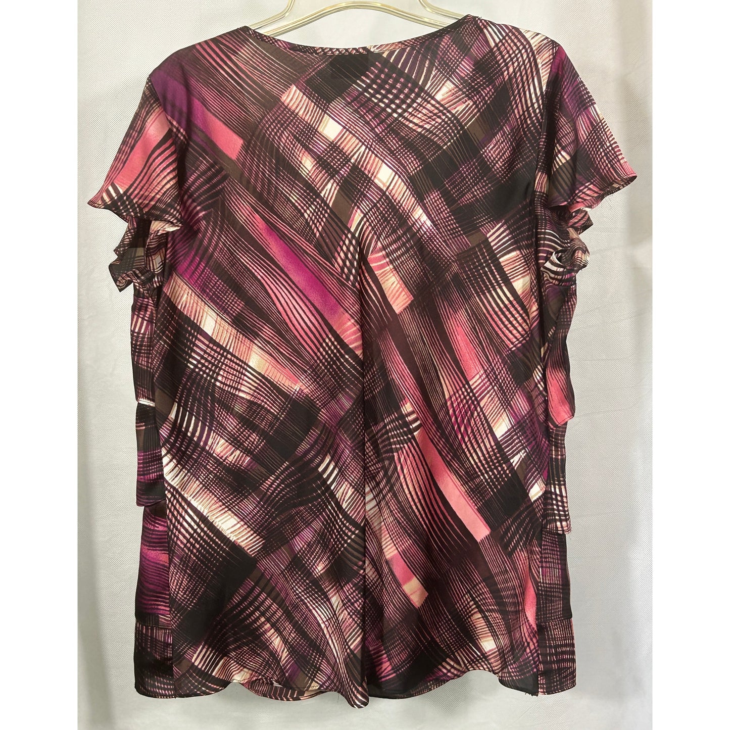 Worthington Pink Brown Abstract Tiered Chiffon Blouse Size L