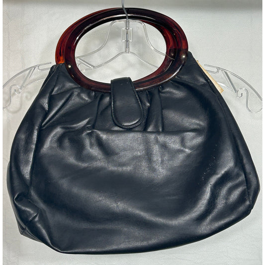 Vintage Black PVC Handbag with Tortoise Shell Handles 13.5"x15"