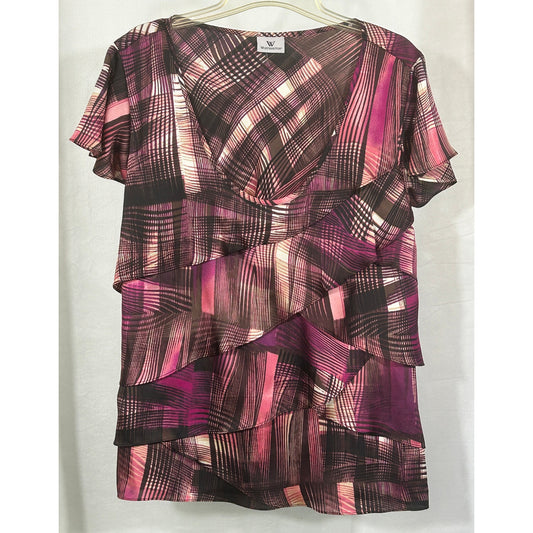 Worthington Pink Brown Abstract Tiered Chiffon Blouse Size L