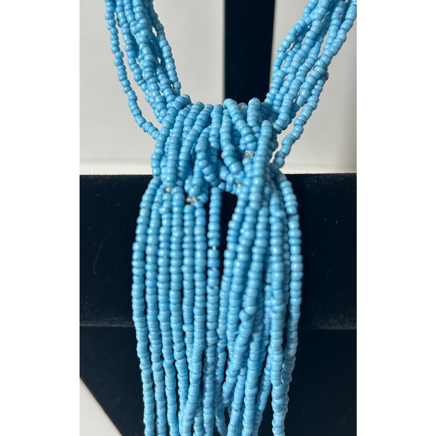 Vintage Blue Beaded Multi-Strand Knot Necklace 25” Boho Statement