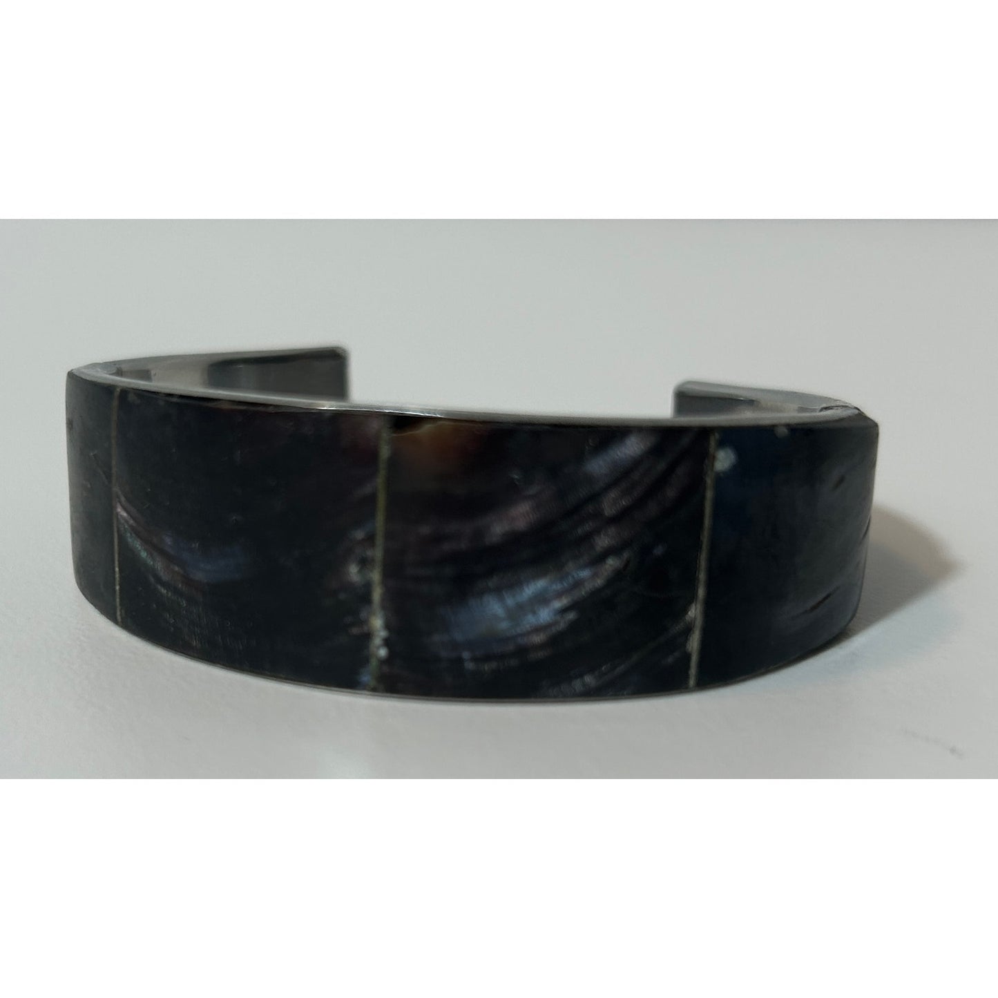 Vintage Philippine Handmade Abalone Inlay Silver-Tone Cuff Bracelet 6″