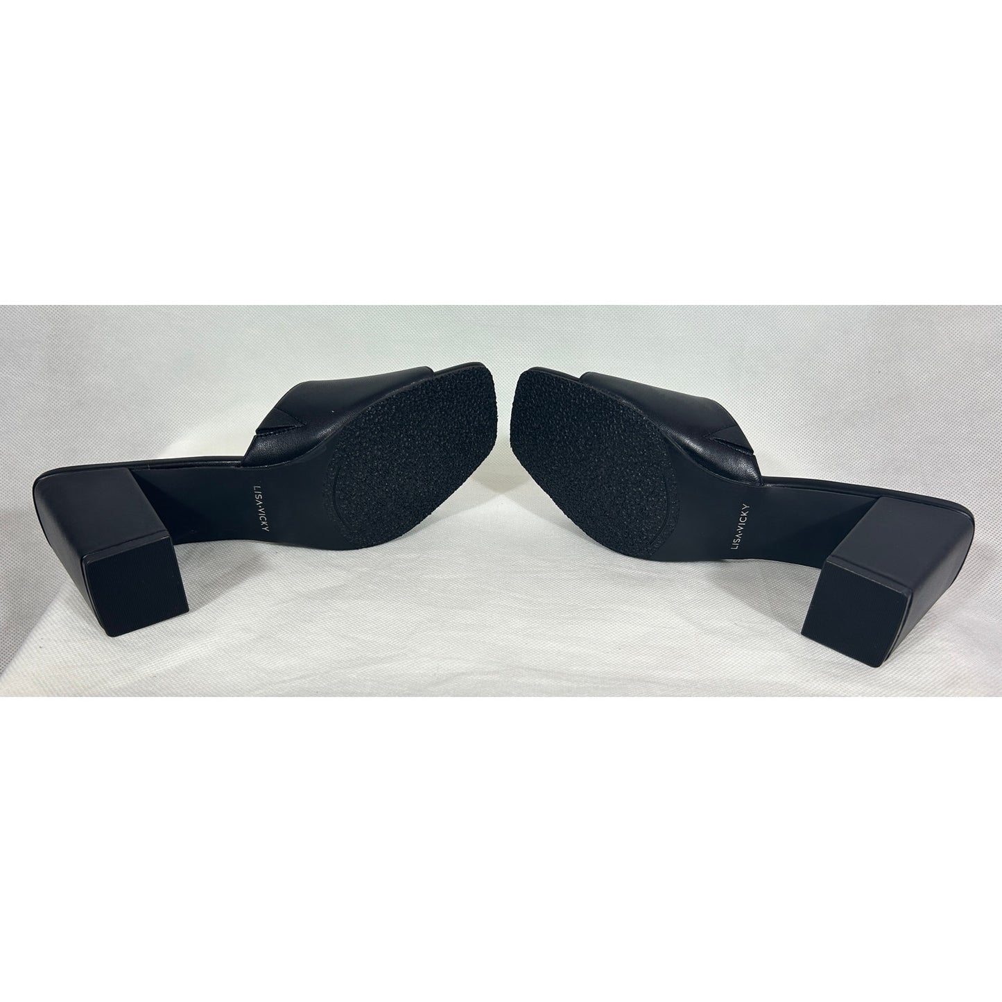 Lisa • Vicky Black Square‑Toe Slide Heels Size 9.5M – Chunky Block Heel