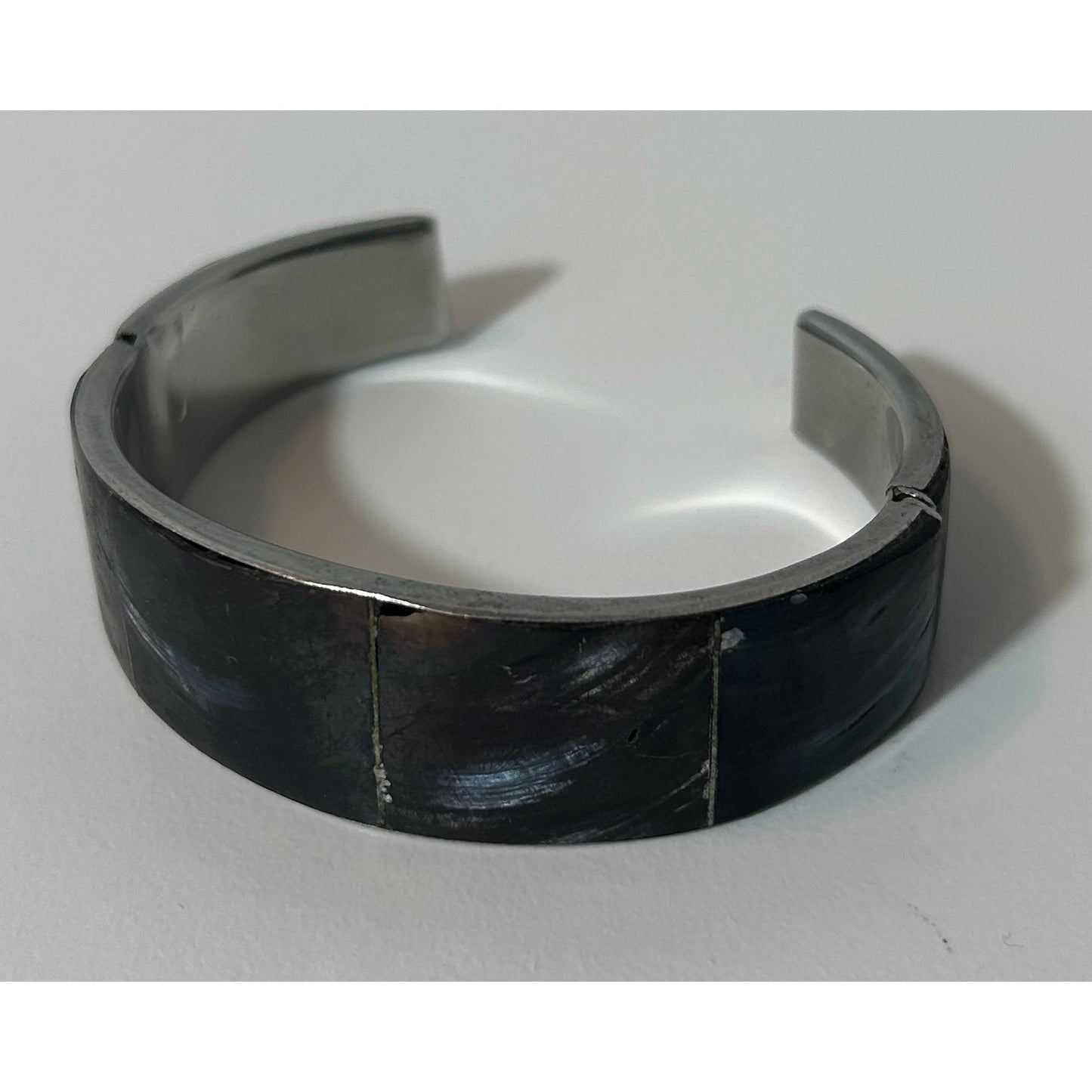Vintage Philippine Handmade Abalone Inlay Silver-Tone Cuff Bracelet 6″