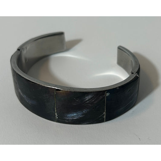 Vintage Philippine Handmade Abalone Inlay Silver-Tone Cuff Bracelet 6″