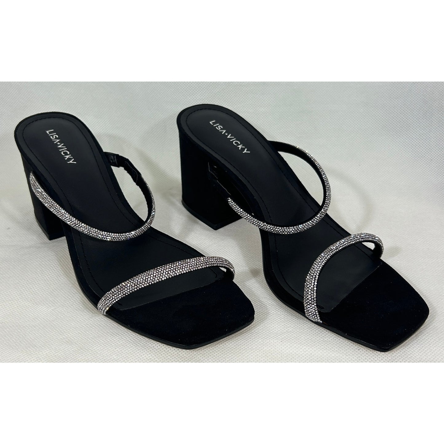 Lisa • Vicky Black Sparkly Strappy Block Heel Sandals 9.5M | NIB