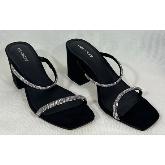 Lisa • Vicky Black Sparkly Strappy Block Heel Sandals 9.5M | NIB