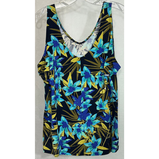 Merona XL Tropical Floral Tank Top Rayon Spandex Navy Blue Green Yellow
