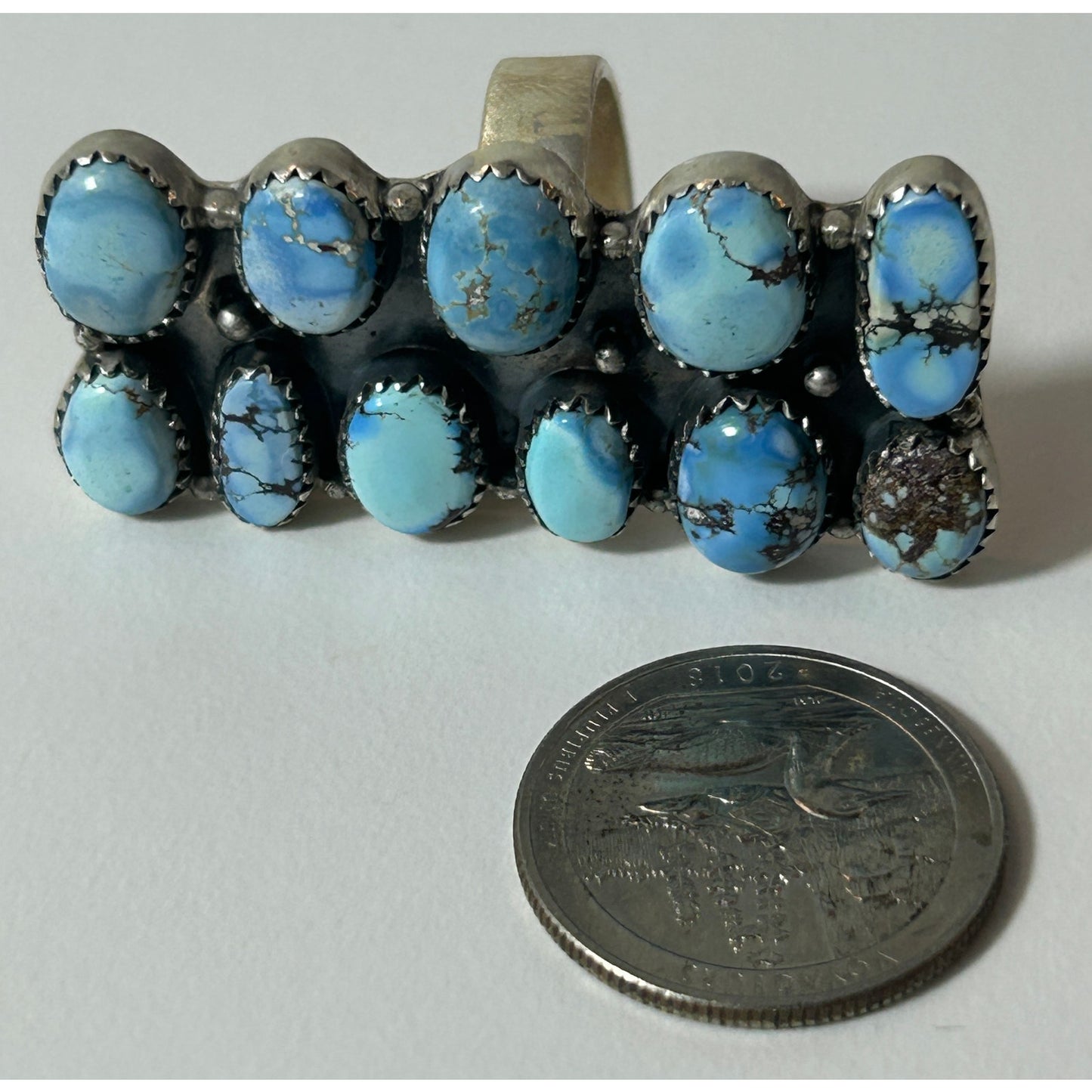 Sterling Silver 11‑Stone Turquoise Cluster Statement Ring 2" Wide - NWT