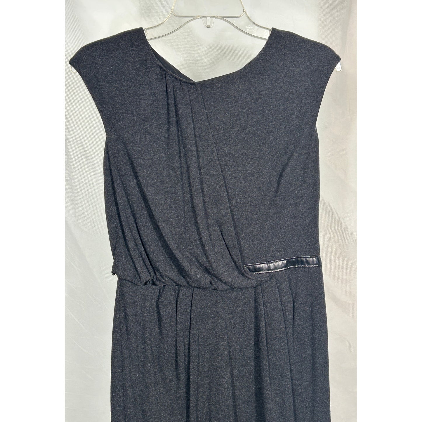 Adrianna Papell Black Draped Midi Dress Faux Leather Trim Size 6