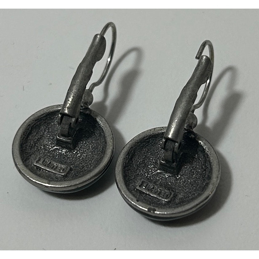 Green Enamel Floral Earrings by Laredo Silver Tone Drop Hook 1.25"
