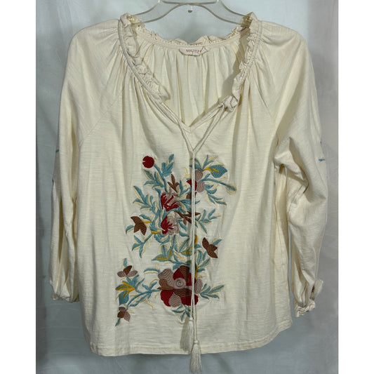 Solitaire Boho Embroidered Floral Blouse Cream Top Size S Peasant Style