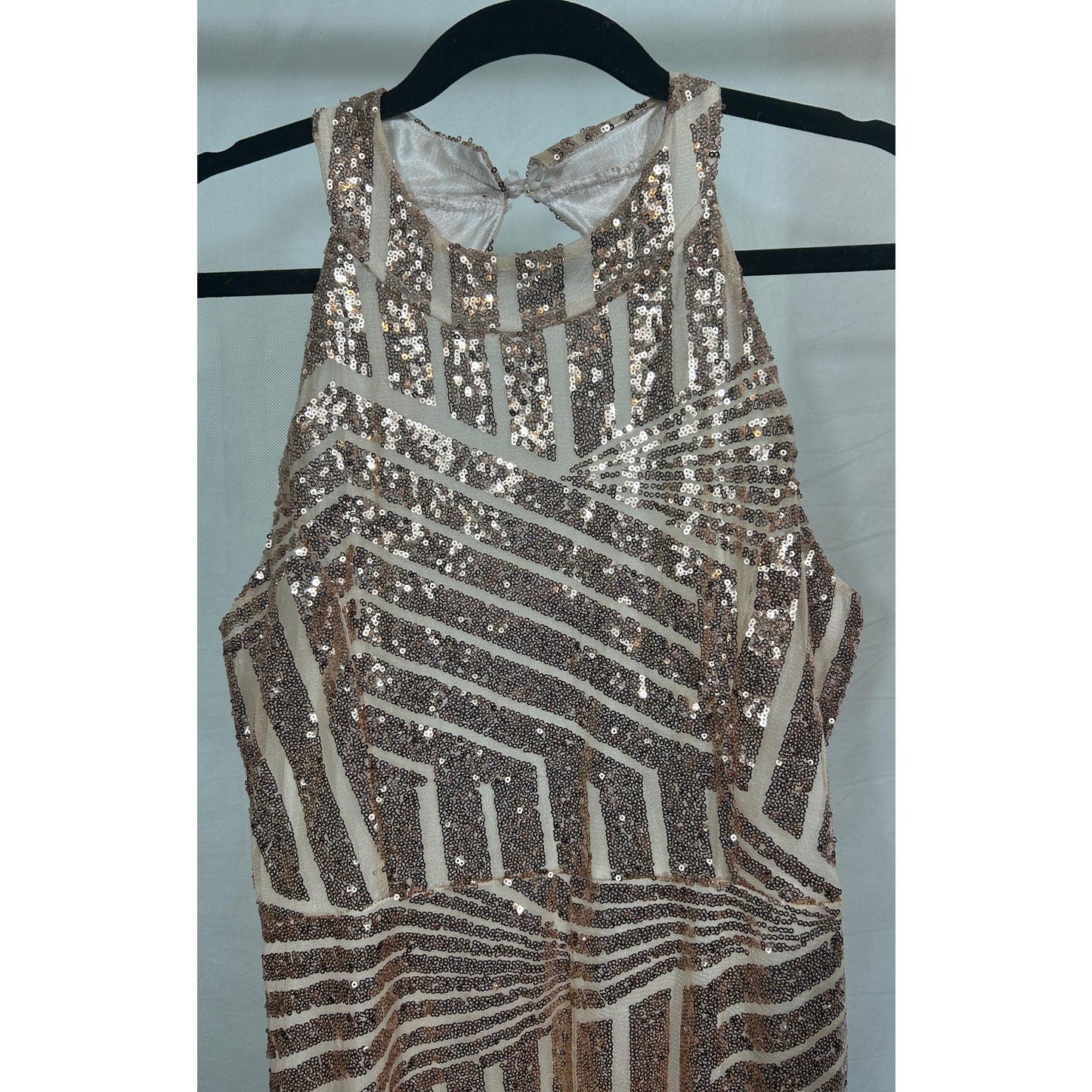 Rose Gold Sequin Jumpsuit XL Handmade Backless Evening Romper 53" Long