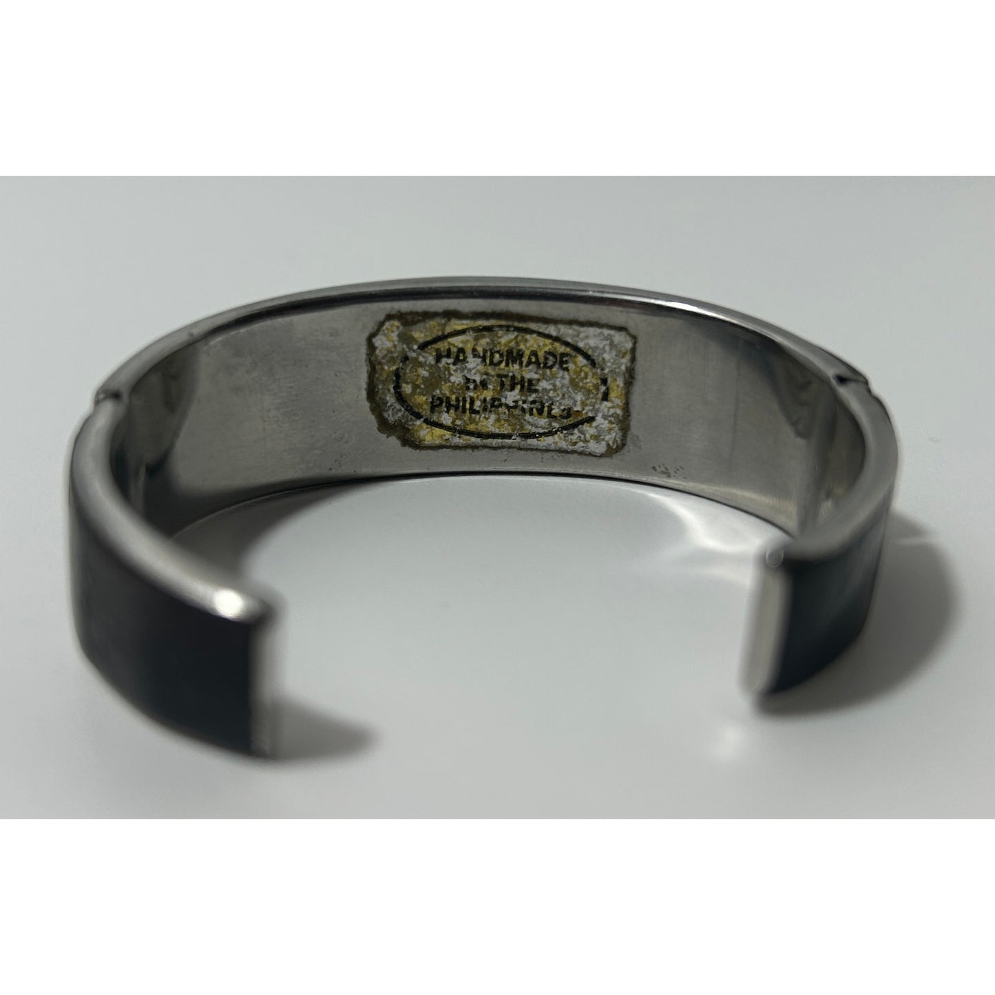 Vintage Philippine Handmade Abalone Inlay Silver-Tone Cuff Bracelet 6″