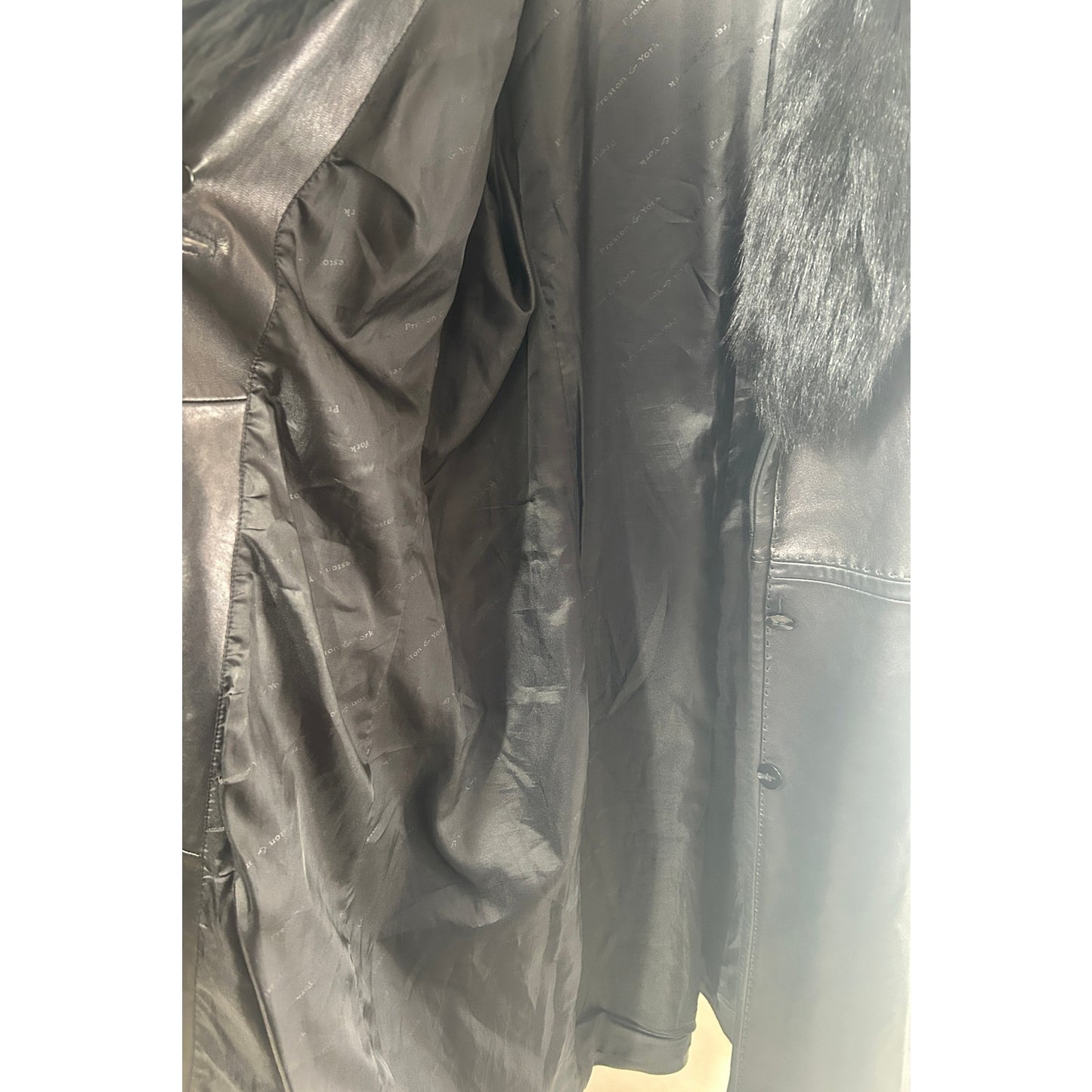 Preston & York Black Lambskin Leather Coat w/ Genuine Fox Fur Collar XL
