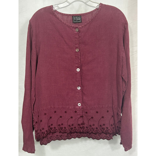 TSD 100% Hemp Button Front Blouse Burgundy Embroidered Hem Women’s M USA Made