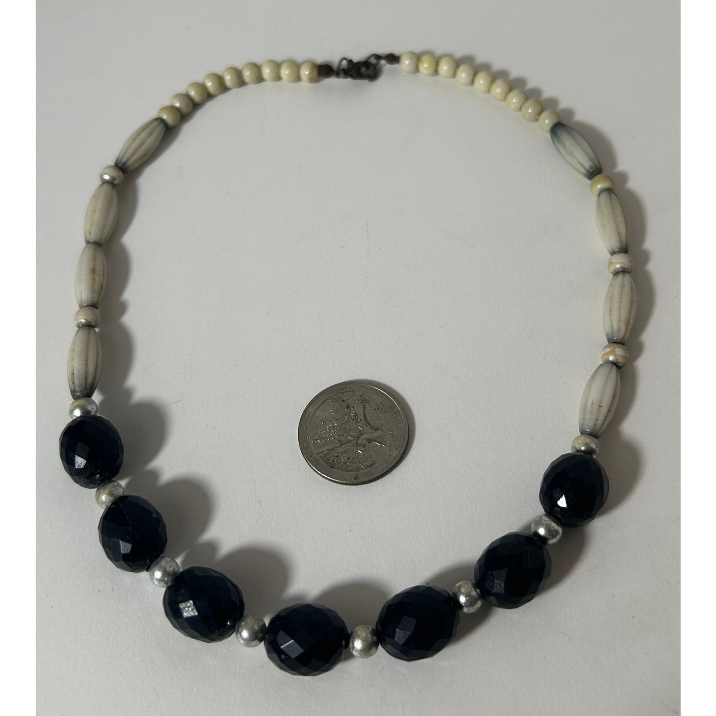 Vintage Black Faceted Bead & Bone-Style Necklace 18” Silver Tone Accents