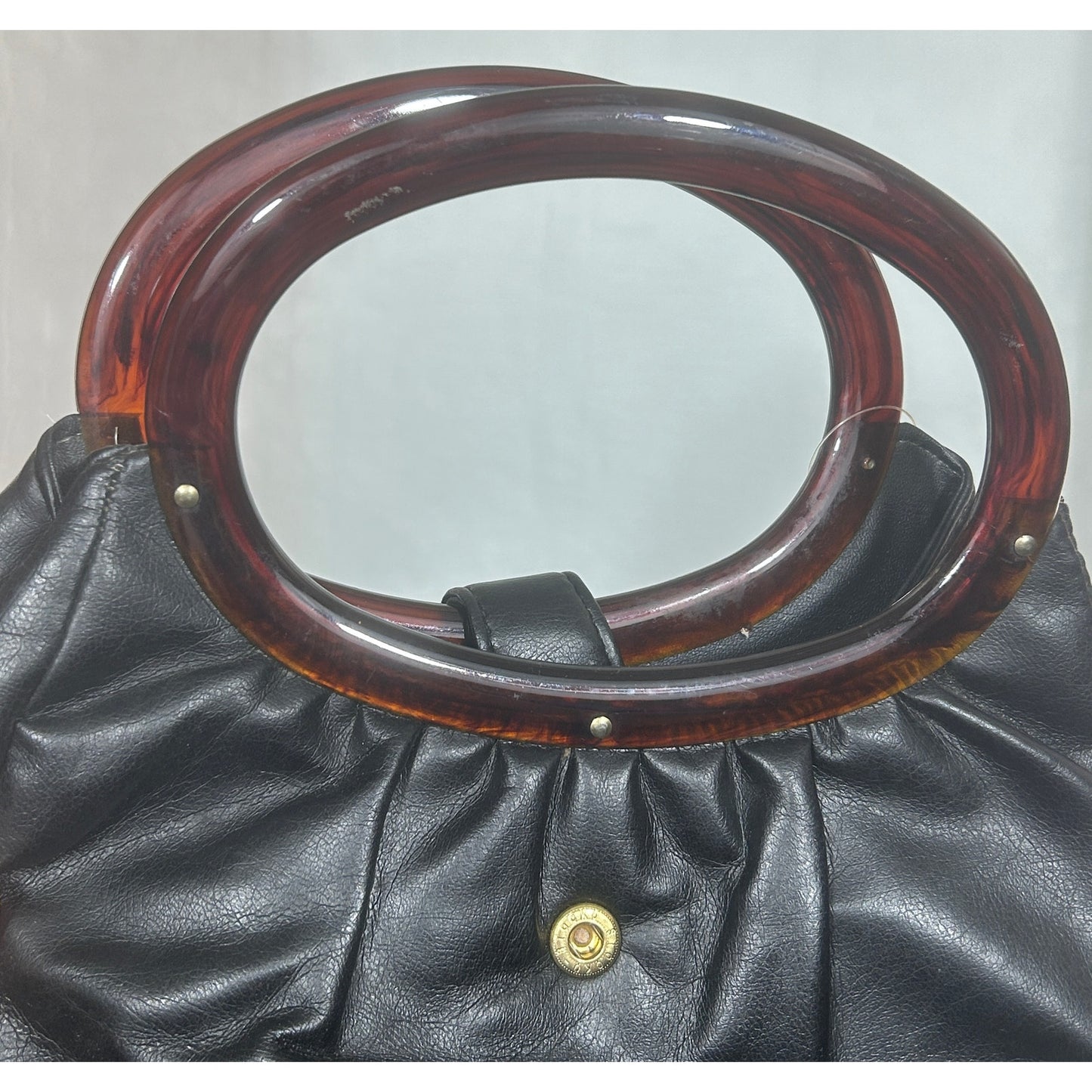 Vintage Black PVC Handbag with Tortoise Shell Handles 13.5"x15"