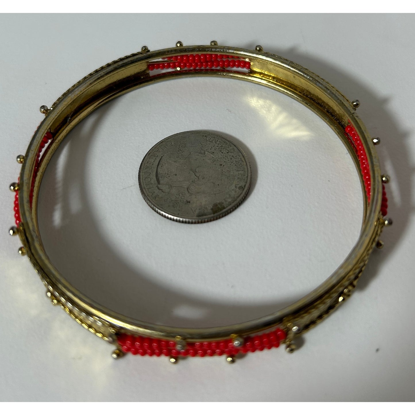 Vintage Red Beaded Gold Tone Bangle Bracelet 8" Boho Jewelry