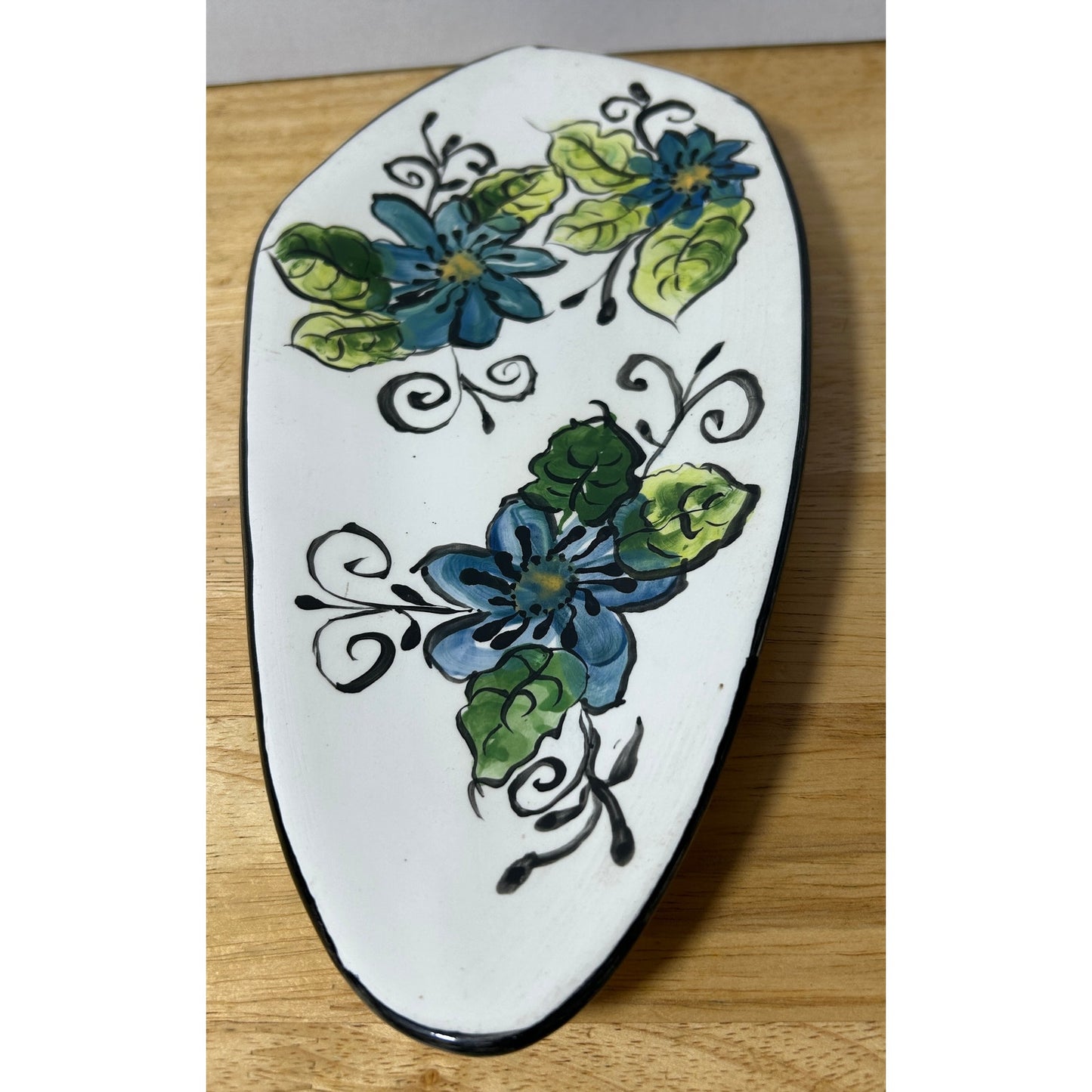 Hand-Painted Mid-Century Modern Ceramic Wall Pocket NB 1973 Blue Floral